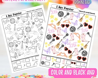 Peut inclure: Deux feuilles d'activité imprimables "I Spy Popstar". L'une est en noir et blanc, l'autre en couleur. Les feuilles présentent des instruments de musique, des cœurs, des papillons et des bottes. Le texte comprend "Taylor Popstar Party", "Instant Download" et "Color and Black and White Versions".