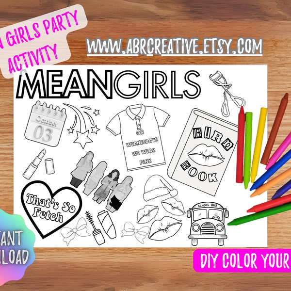 Means Girls Movie Coloring Printable -Activity for party, instant download, printable, Means Girls birthday coloring, Mean Girls musical