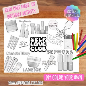 Activité imprimable de coloriage de maquillage de soin de la peau pour la partie de tween, téléchargement immédiat, imprimable, coloration d'anniversaire de preppy