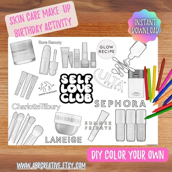 Skin Care Make up Spa Coloring Printable Activity for tween party, instant download, printable, preppy birthday coloring