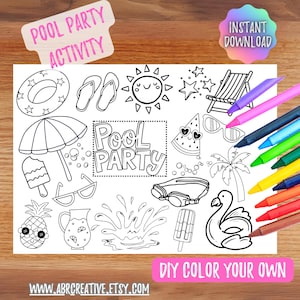 Pool Party Coloring Pages for Kids | Summer Birthday Activity | Teen Pool Party Favor | Printable Girls Party Game