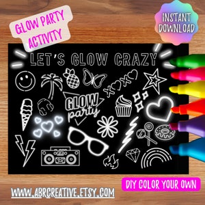 Könnte beinhalten: Schwarzes DIY-Glow-Party-Aktivitätsblatt mit Neon-Illustrationen eines Smiley, Eiswaffel, Herzen und mehr. Der Text "LET'S GLOW CRAZY" wird angezeigt. Enthält den Text "GLOW PARTY ACTIVITY" und "INSTANT DOWNLOAD".