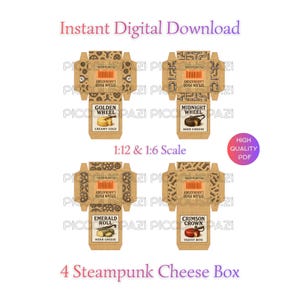 Può includere: Quattro modelli di scatole per formaggio a tema steampunk, etichettati come "Golden Wheel", "Midnight Wheel", "Emerald Roll" e "Crimson Crown". Ogni scatola presenta un tipo di formaggio unico ed è progettata per modelli in scala 1:12 e 1:6. L'immagine include il testo "Instant Digital Download."