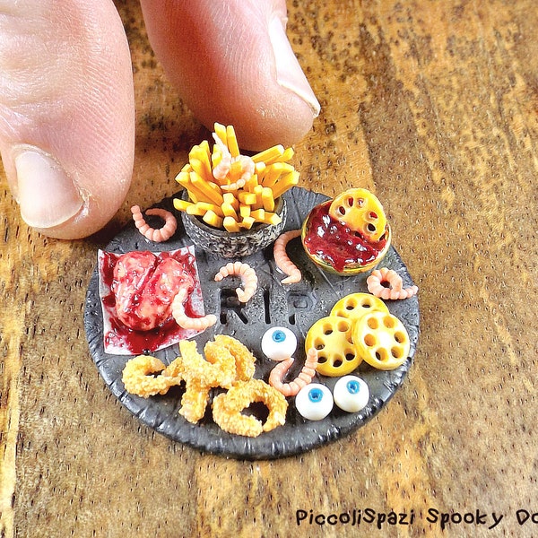 Fries snacks for monsters and witches, disgusting food miniature, haunted dollhouse, 1:12 scale, horror preparation board, Halloween, ooak