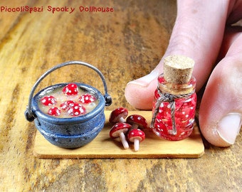 Bewitched soup with amanita muscaria, 1:12 scale food, dollhouse cauldron, poisonous mushrooms, monster food, spooky Halloween, funny weird