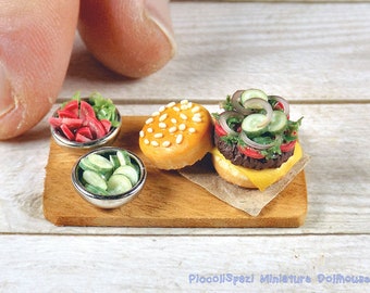 Preparing cheeseburger, 1:12 scale realistic food, dollhouse hamburger sandwich, cheese tomato and cucumber, fast food snack, minis ooak