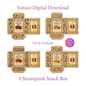 Può includere: Quattro modelli di scatole per snack a tema steampunk. Ogni scatola presenta un design unico con testo come "Iron Beef Ember" e "Copper Cheese Fusion". Le scatole sono marroni con ingranaggi e altri elementi meccanici. Il testo "Instant Digital Download" è in alto.