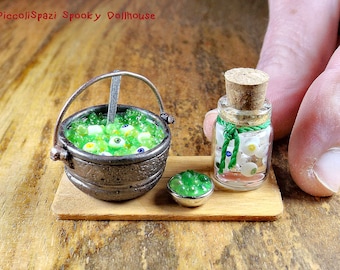 Bewitched soup with eyes, 1:12 scale food, dollhouse cauldron, haunted kitchen, horror monster food, spooky Halloween, weird and funny, ooak