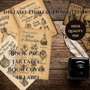 Victorian Miniature Witch Potion Labels & Spell Book Pages, Vintage Dollhouse Magic Decor, Curio Cabinet, 1/12 - 1/6 Scale, Instant Download