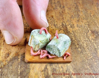 Moldy loaf of bread with worms, horror miniature, haunted dollhouse, 1:12 scale, food with mold, Halloween cutting board, food scraps, ooak