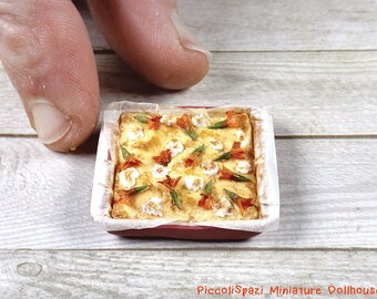 Focaccia with courgette flowers and ricotta, baking tray, miniature realistic food, dollhouse 1:12 scale, flat bread, baker Italy roombox