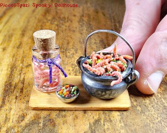 Bewitched soup with worms, 1:12 scale food, dollhouse cauldron, haunted kitchen, horror monster food, spooky Halloween, weird and funny ooak