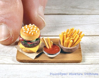 Cheeseburger miniature, 1:12 scale, dollhouse realistic food, salad tomato sandwich, french fries, meat on tray, fast food sandwich shop