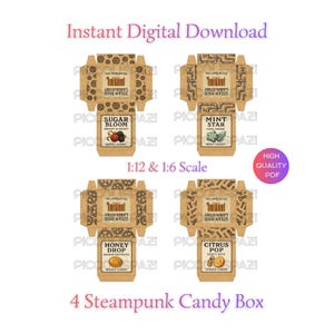 May include: Four steampunk-themed candy boxes with different labels: Sugar Bloom, Mint Star, Honey Drop, and Citrus Pop. The boxes are brown with decorative gears and pipes. The text "Instant Digital Download" is at the top.