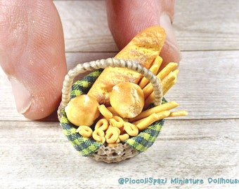 1:12 scale fake food,, dollhouse miniature, basket with tarallucci bread and breadsticks, handmade food, rustic baker roombox, minis ooak