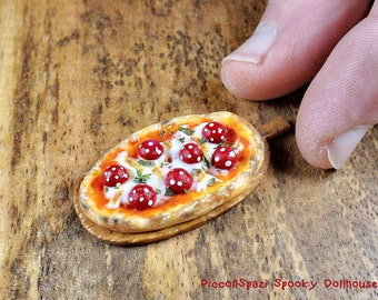 Poisonous mushroom pizza, 1:12 scale, food dollhouse, horror miniature, amanita muscaria, food for monsters and witches, Halloween pizza