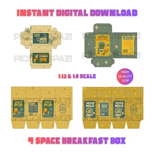 Può includere: Un download digitale con quattro modelli di scatole per la colazione a tema spaziale. Le scatole includono "Rocket Cookies", "Astro Crunchies", "Juice Pop" e "Moon Milk". Le scatole sono in scala 1:12 e 1:6. Il testo "Instant Digital Download" è in alto.