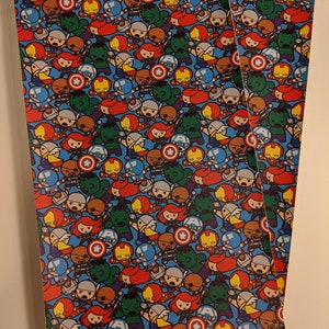 May include: Three sheets of blue fabric with a repeating pattern of small cartoon superheroes. The superheroes include Captain America, Iron Man, Thor, Hulk, Black Widow, Hawkeye, and others. The fabric is perfect for crafting projects like quilting, scrapbooking, and making bags.