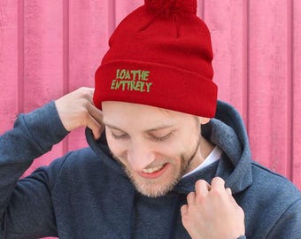 Grinch Quote Beanie with Pom Pom - &#39;Loathe Entirely&#39; | Funny Christmas Hat, Cozy Winter Accessory, Holiday Gift for Grinch Fans | Xmas Gifts