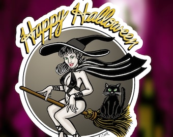 Sexy Witch with Cat Riding Broom Halloween Waterproof Sticker or Magnet. Treat Bag Stickers, or Treat Magnets