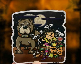 Halloween Trick or Treat Little Girl with Pit Bull Waterproof Sticker or Magnet. Treat Bag Stickers, Giveaway Treat Magnets
