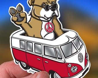 Peaceful Pit Bull Driving a Micro Bus Waterproof Sticker or Magnet