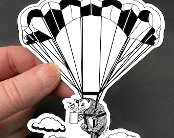 Skydiving Opossum Drinking Coffee Waterproof Sticker or Magnet