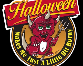 Horny Little Halloween Demon Waterproof Sticker or Magnet. Treat Bag Stickers, or Treat Bag Magnets