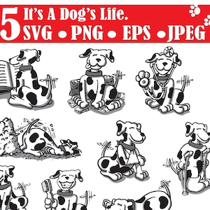 May include: A collection of 15 black and white cartoon dog illustrations in various poses. The dogs are depicted in different scenarios, including reading, playing with money, and using medical equipment. The image includes the text "It's A Dog's Life."