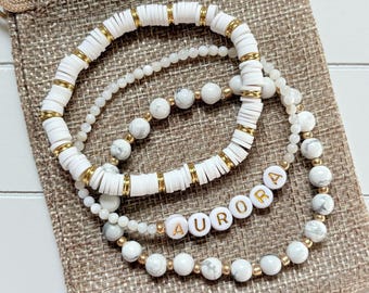 Personalised Bracelet Set – 3 Stackable Bracelets | Gemstone, Clay & Shell Name Bracelet | Custom Name Jewelry Gift for Her, Teens, Kids