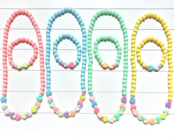 Kids Necklace and Bracelet Set – Pastel Beaded Jewellery with Hearts, Dress Up for Girls