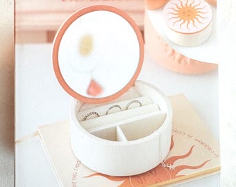 Round Wooden Jewellery Box with Mirror | Sun & Moon Boho Design | Ring Storage Organizer Jewellery Case | Gift for Her