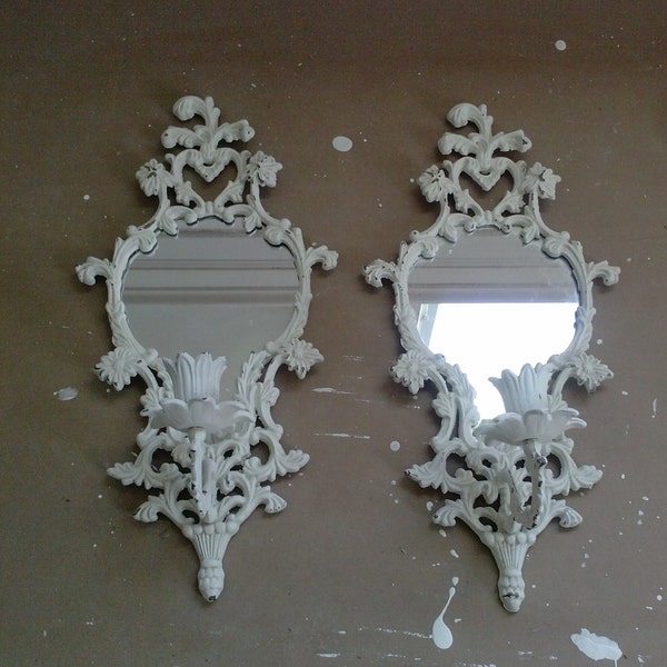 Chinoiserie Wall Decor Sconces Mirrored Chippendale Style Pair. Beautiful white finished heavy metal, unique and elegant home decor.
