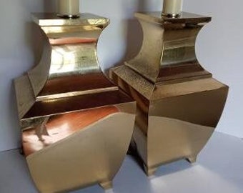 Brass Lamps Pair. Geometrically shaped. Tall table lamps. Interesting and sophisticated.  An elegant design  to suit many decor styles.