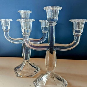 2 Glass Triple Candelabra W/ Hurricane Shades, Crystal Drops