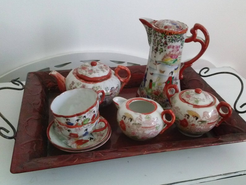 Geisha Girl 12pc.Tea&Coffee Set Bone China Hand Painted Red Etsy
