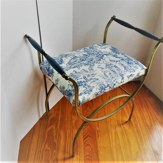 Vanity Bench Brass With Blue Wooden Handles And Blue And Etsy
