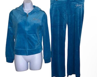 JUICY Couture Turquoise Flash Bling Rhinestone Script Y2K Style Velour TRACKSUIT SWEATSUIT