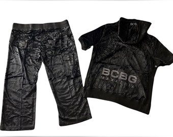 BCBG Black Velvet Bling Rhinestone Logo Y2K Inspired Hoodie & Cropped Capri Pants Set