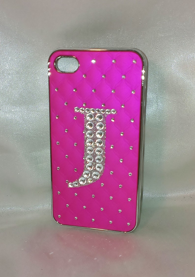 BLING CUSTOM Rhinestone Fuchsia Pink /& Chrome Silver iPhone 4 or 4s Case With Clear Rhinestone Monogram Initial Letter