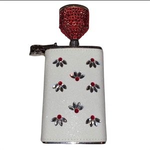 Bling White Glitter Wrap Flask with Clear & Red Rhinestones and Red Rhinestone Mini Funnel Holds 5 oz