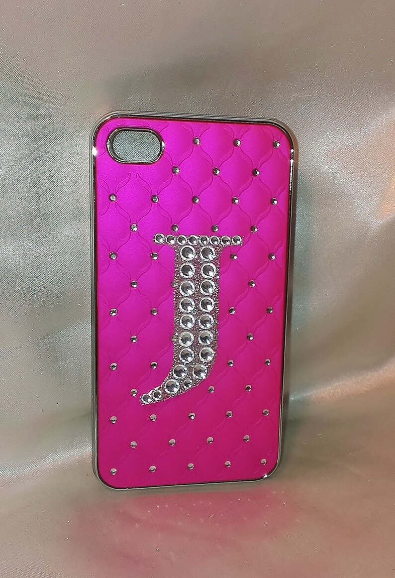 BLING CUSTOM Rhinestone Fuchsia Pink /& Chrome Silver iPhone 4 or 4s Case With Clear Rhinestone Monogram Initial Letter