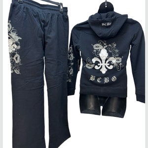 BCBG MAX AZRIA Black Y2K Inspired Sweatsuit Tracksuit with Silver Fleur De Lis Rhinestones and Silver Stud Accents