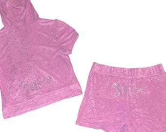 Juicy Couture Bling Y2K Terry Cloth Dewberry Purple Rhinestone Short Sleeve Hoodie & Shorts Set NWT