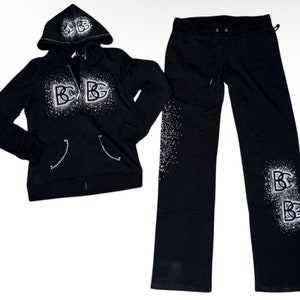 BCBG Vintage Y2K Inspired Bling Black and Silver Rhinestones and Studs Sweatsuit Tracksuit Hoodie & Pants
