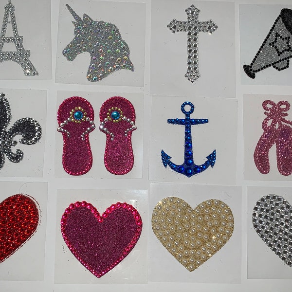 Glitter & Clear Stickers - Eiffel Tower, Flip Flops, Unicorn, Hearts, Cross, Ballet Shoes, Anchor, cheerleading megaphone