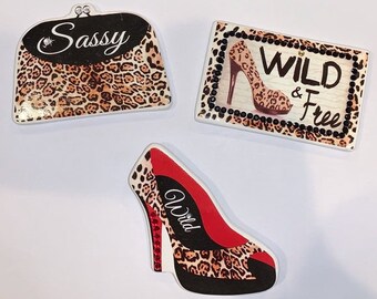 Bling 3 Magnet Set "Wild and Free" Leopard Design High Heel Shoes and "Sassy" Purse All with Rhinestones Magnet Set