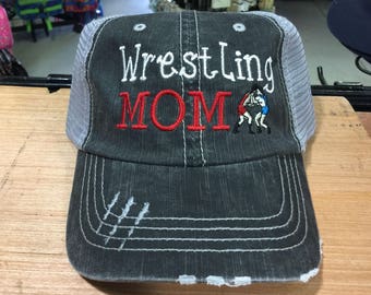 Wrestling Mom Embroidered Monogrammed Distressed Trucker Cap Dark Gray