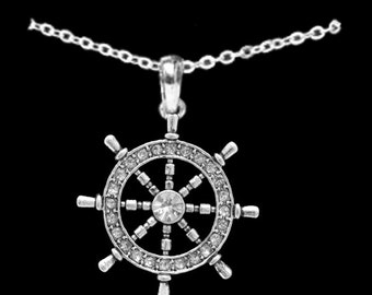 Ship Wheel Nautical Rhinestone Necklace