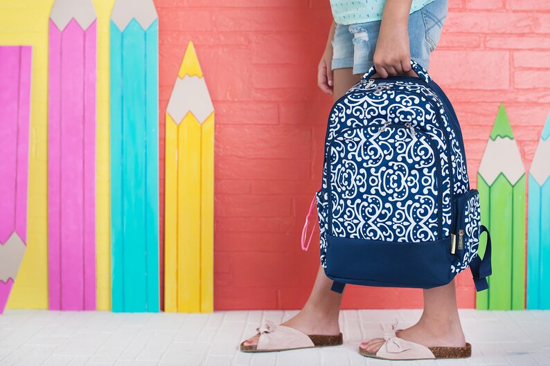 Dani Print Viv /& Lou Monogrammed School Backpack Free Monogramming Navy Blue and White